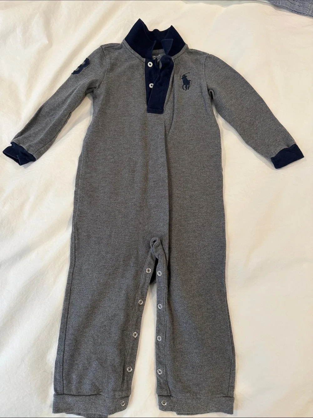 Ralph Lauren Gray One-Piece Romper with Navy Trim 24M